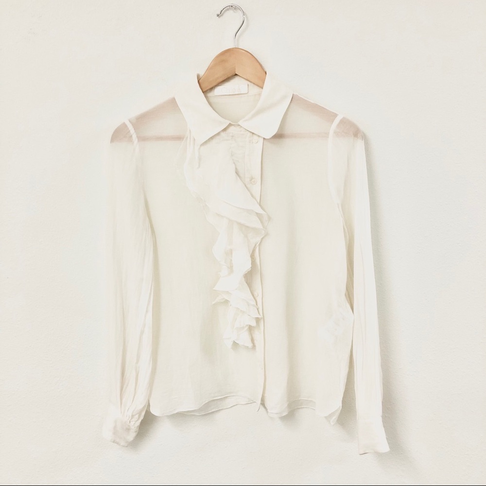 CHLOÉ Silk & Cotton Sheer Ruffle Button Up Blouse - Picture 11 of 11